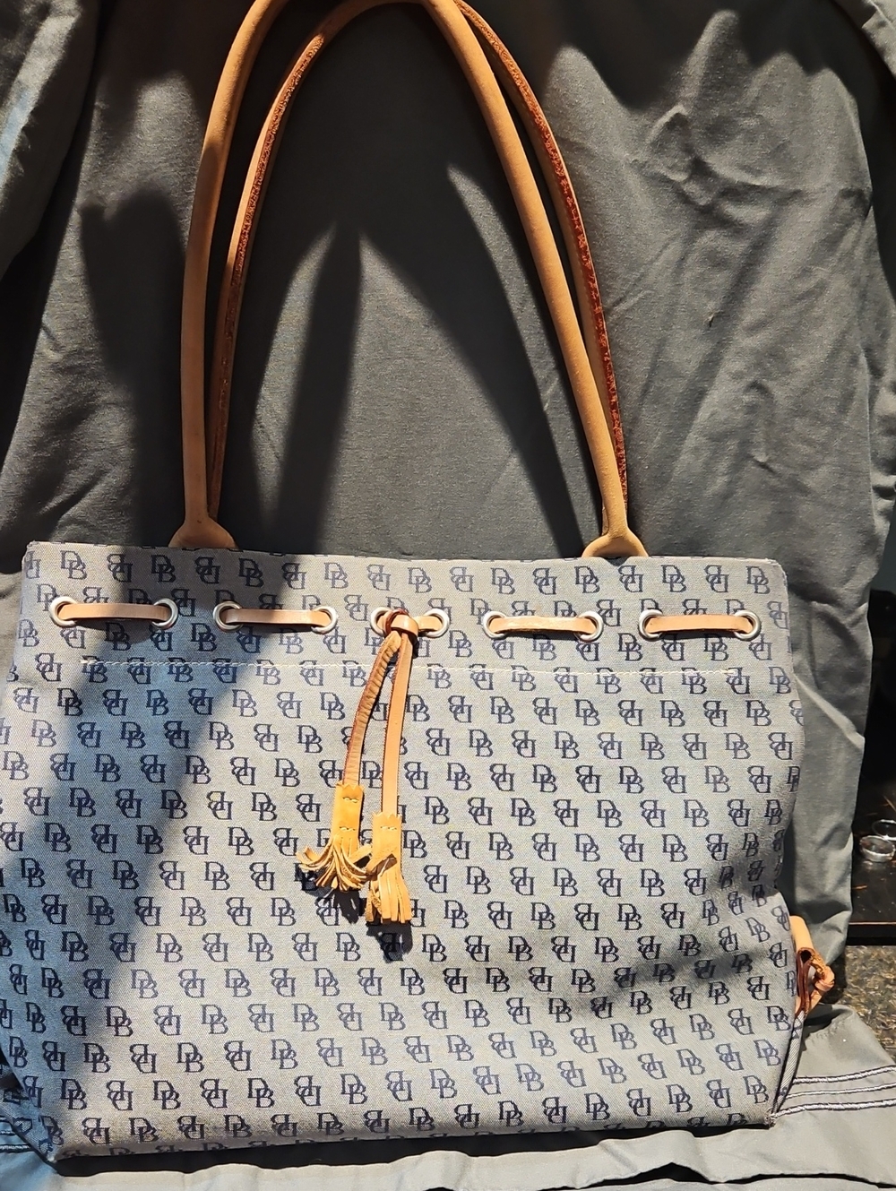 Dooney &  BourkeDesigner-Inspired Navy Monogram Tote with Tan Leather Trim